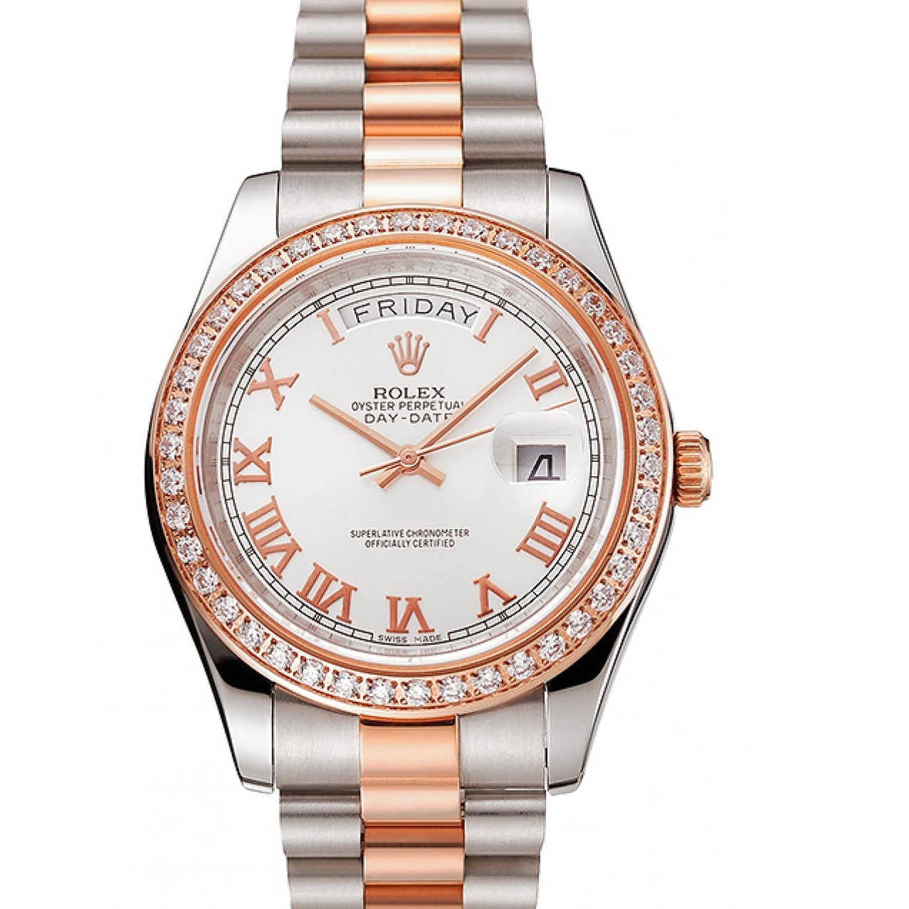 Rolex copies cheap Staineless Bracelet Rolex Dial Swiss Gold 1454108 Day-Date Diamonds White Rose Bezel And Steel 1015